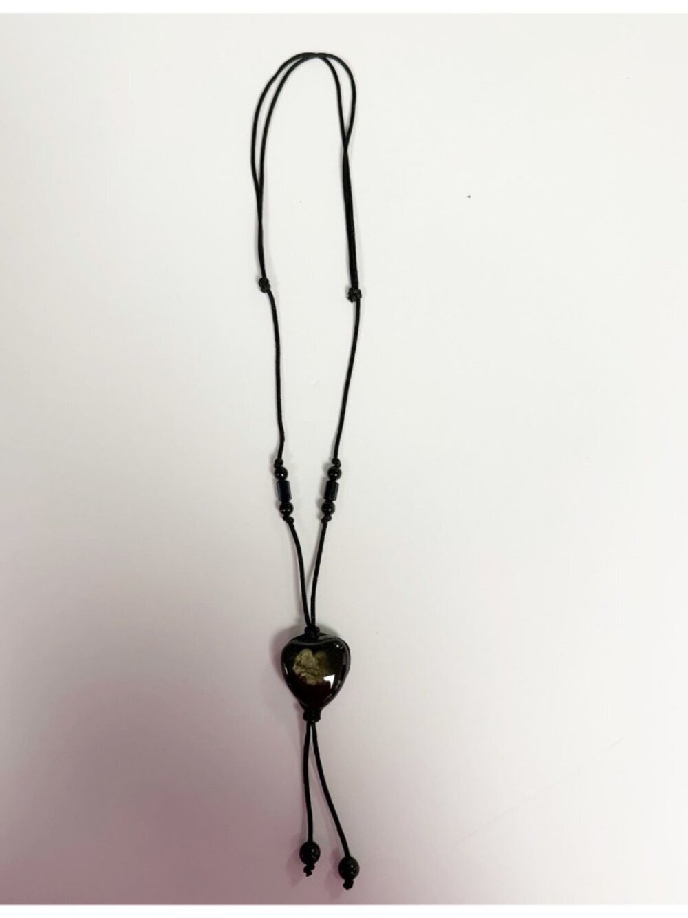 Obsidian Heart Crystal Onyx Pendant black cord Adjustable Necklace Vintage